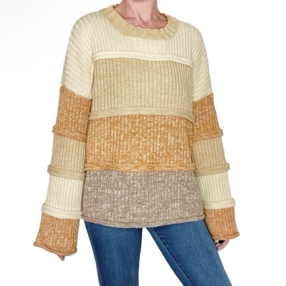 Entro Beige Brown Tan Striped Patchwork Flared Sleeve Sweater